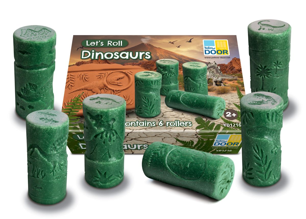 Let’s Roll Dinosaurs,These creative rollers offer an ingenious way for children to explore dinosaurs and their landscapes. Ideal to provoke curiosity, extend knowledge and develop fine motor skills, the extinct creatures will come to life as children roll into play dough, clay or sand, and stamp to make wonderful prehistoric scenes. Children can count the spines on the stegosaurus and stamp to discover which dinosaur emerges from the large eggs! The set includes: roaring head & Tyrannosaurus rex, coelacanth