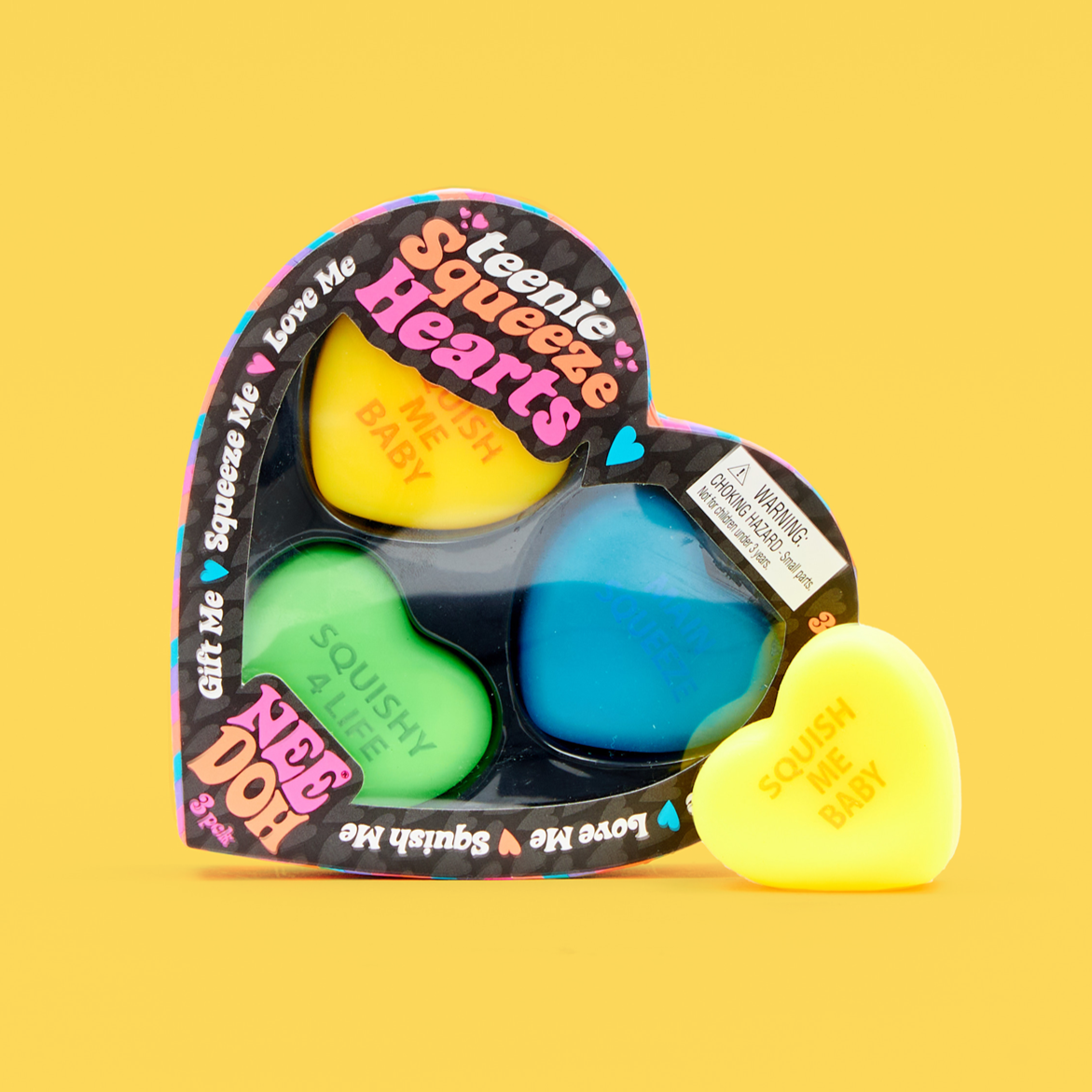 Teenie NeeDoh Squeeze Hearts (Pack of 3),Give your tiny Valentines a little squeeze with our Teenie NeeDoh Squeeze Hearts. These miniature NeeDoh fidget toys come in a pack of three squishable hearts, featuring lovable sayings on the top - just like the classic Love Hearts sweets! Each set of three includes assorted colours and quotes. The perfect gift for Valentine’s Day, these charming squeeze toys come beautifully presented in a heart-shaped box. They are filled with a safe, non-toxic, dough-like materia