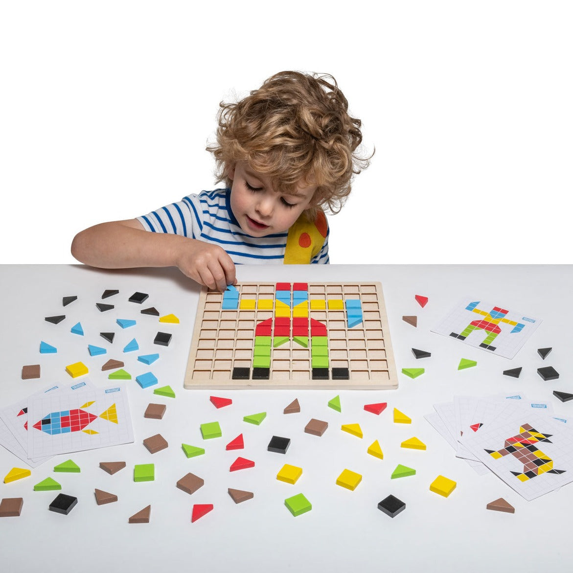 Wooden Mosaic Set,The 116 piece Wooden Mosaic Set is a fantastic way for children to engage in creative and stimulating play, while also developing important skills such as fine motor control, problem-solving and colour recognition. With a range of 20 designs to choose from, or the freedom to create their own patterns, children will love the challenge of fitting the colourful wooden squares and triangles into the wooden grid. The pieces come in six vibrant colours and are made from sustainably sourced Beech