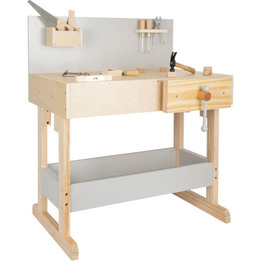 Workbench For Children Grey With Accessories-Working like the large ones! With this sturdy children's workbench, little do-it-yourselfers are well equipped. The 10 child-friendly, fully functional tools are safely stowed away in the tool bar and utensil box and are always ready to hand. The workbench scores with a stable vice and sufficient storage space under the large work surface. The mix of grey and natural solid wood makes it a real eye-catcher. Long-lasting fun at your own workbench guaranteed! With i