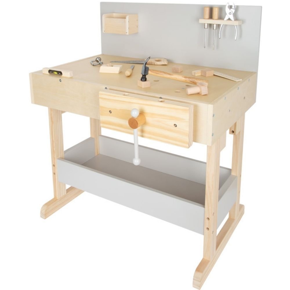 Workbench for Children Grey with Accessories,Working like the large ones! With this sturdy children's workbench, little do-it-yourselfers are well equipped. The 10 child-friendly, fully functional tools are safely stowed away in the tool bar and utensil box and are always ready to hand. The workbench scores with a stable vice and sufficient storage space under the large work surface. The mix of grey and natural solid wood makes it a real eye-catcher. Long-lasting fun at your own workbench guaranteed! With i
