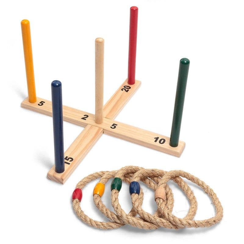 Wooden Quoits,Enjoy an afternoon in the garden with a classic game of quoits. Just like you may have seen at a fairground, the game challenges players to throw rope hoops over the target pegs. The set includes five rings and is great played in groups. You can stick with the classic 'highest score wins' game style or play a few different variations of the game depending on the number of players. Quoits game set Five wooden score pegs Five rope rings to throw Set simply screws together Great fun indoors and o