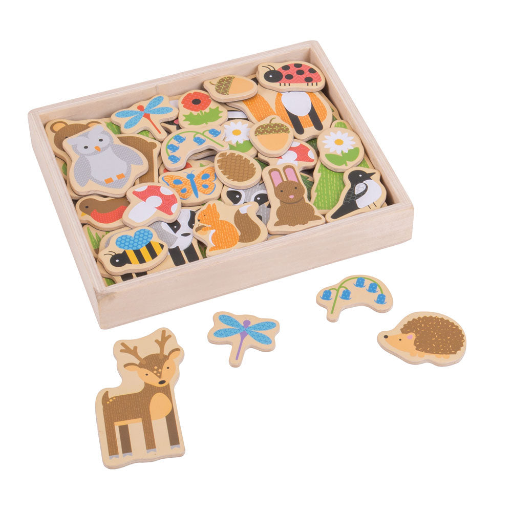 Woodland Magnets,These colourful Woodland Magnets are crafted from wood and have magnetic backs, to bring the wonders of the woods to the play area. Great for encouraging creative storytelling, this 35 piece set includes woodland animals, trees, flowers and more! Ideal for use with the Bigjigs Toys Magnetic Board (BJ380) or on the fridge. Supplied complete with a sturdy wooden storage box. H11.elps to develop dexterity and concentration. Made from high quality, responsibly sourced materials. Conforms to cur
