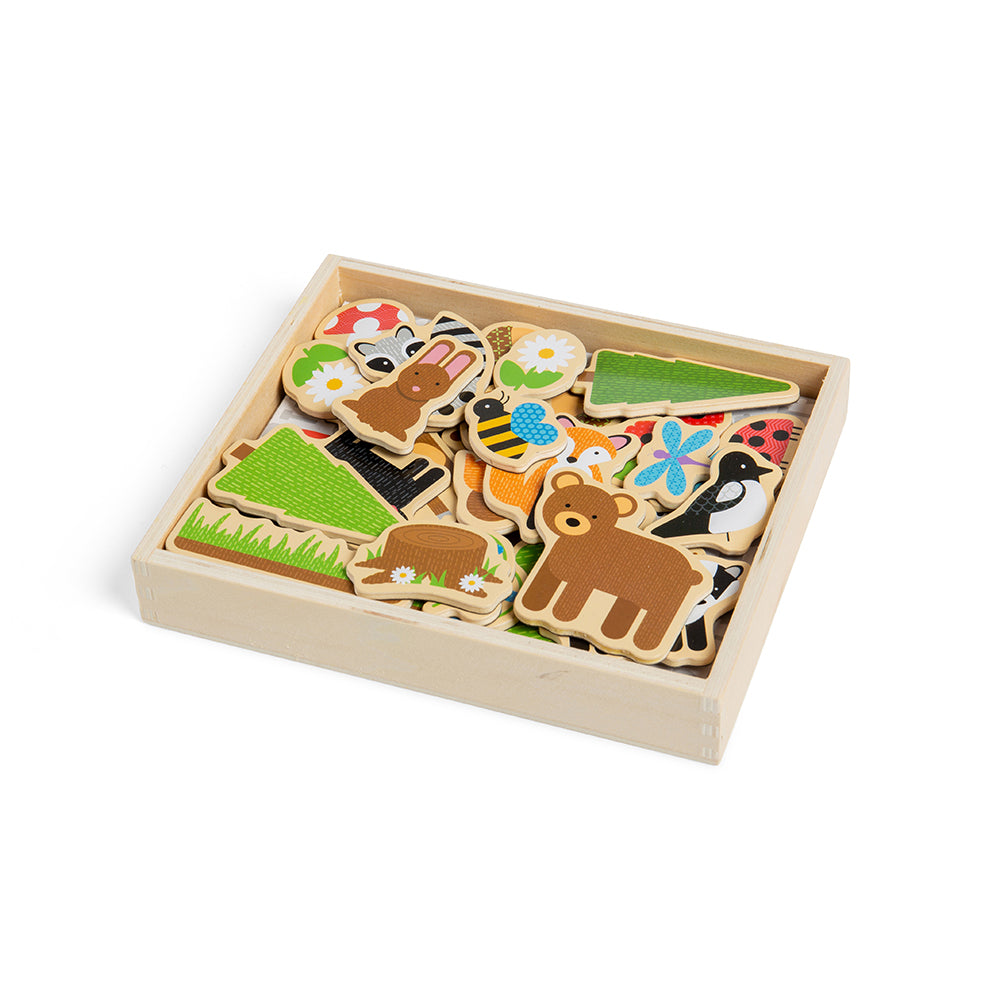 Woodland Magnets,These colourful Woodland Magnets are crafted from wood and have magnetic backs, to bring the wonders of the woods to the play area. Great for encouraging creative storytelling, this 35 piece set includes woodland animals, trees, flowers and more! Ideal for use with the Bigjigs Toys Magnetic Board (BJ380) or on the fridge. Supplied complete with a sturdy wooden storage box. H11.elps to develop dexterity and concentration. Made from high quality, responsibly sourced materials. Conforms to cur